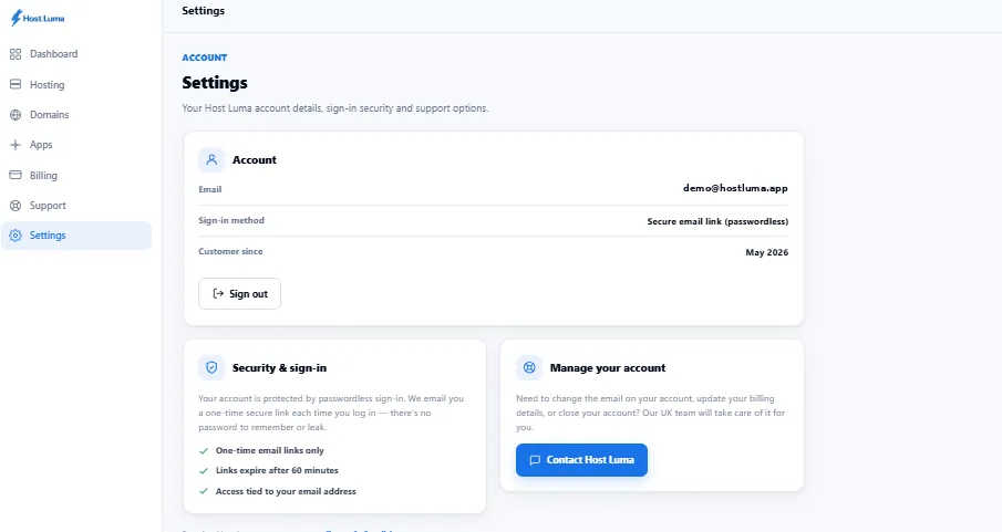 Host Luma account settings page